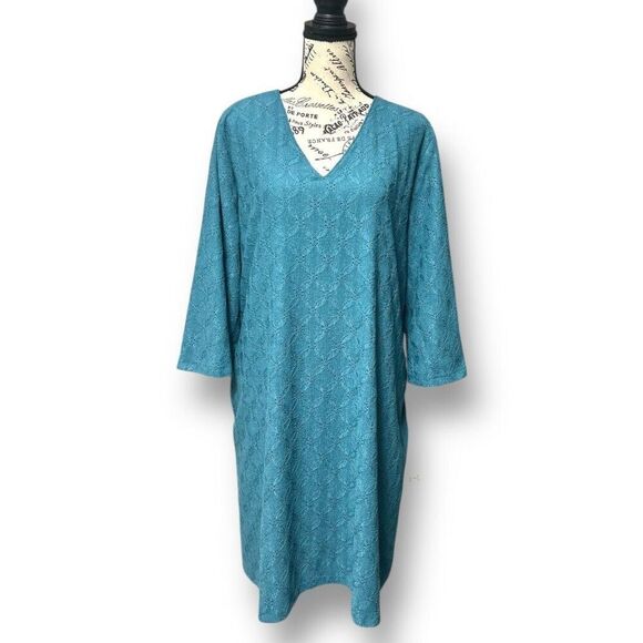 Chico’s 3 (XL) Teal Textured Knit Shift Midi Dress V-Neck 3/4 Sleeve Boho Resort - Picture 1 of 10